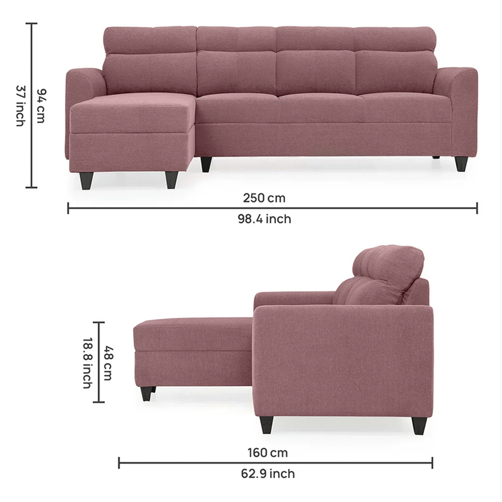 63669 DUROFLEX SOFA WITH LOUNGER ZIVO PLUS DUSKY PINK FABRIC 3SEATER  
