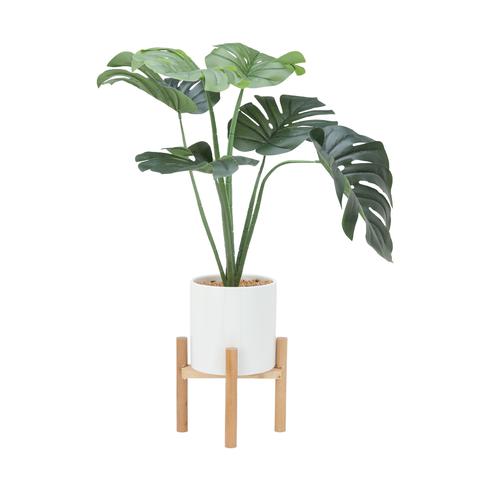 42374 OLAF PLANT IN POT W/STAND GN/WT PE+CERAMIC+WOOD+POLYESTER FABRIC 