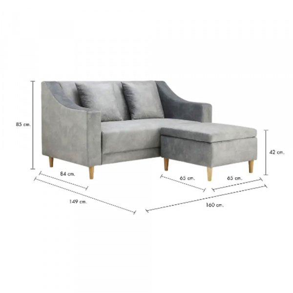 42519 DOROTHY FABRIC SOFA 2/S+STOOL LGY, 160X84X85CM