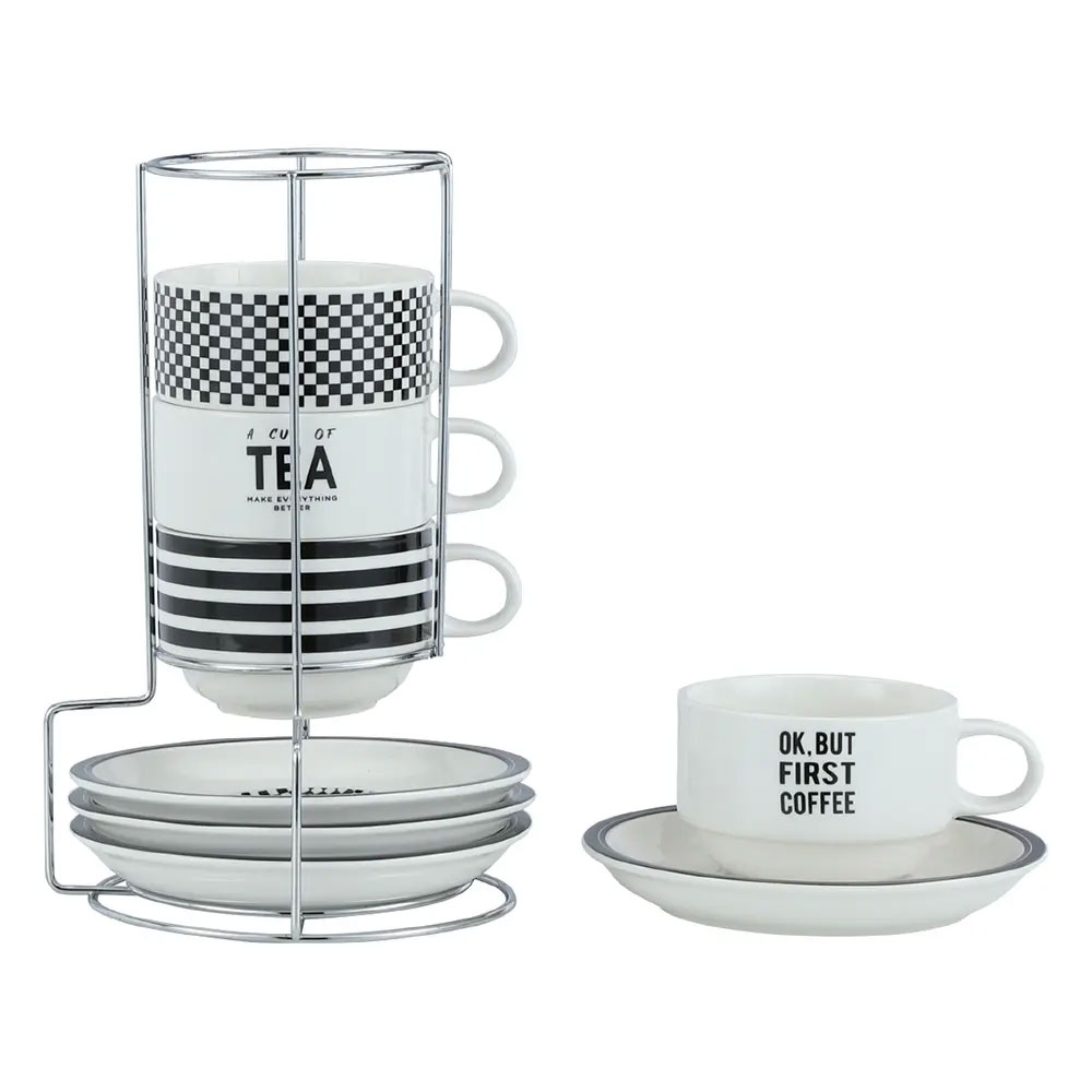 61155 BLAKY CUP+SAUCER SET WITH STAND WT/BK   