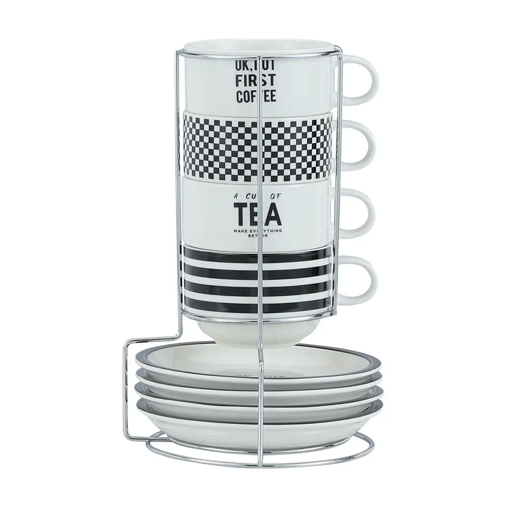 61155 BLAKY CUP+SAUCER SET WITH STAND WT/BK   