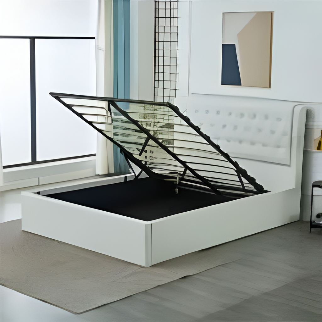 63545 WOODEN BED WHITE LEATHER HEADBOARD 152X198CM QK-1076