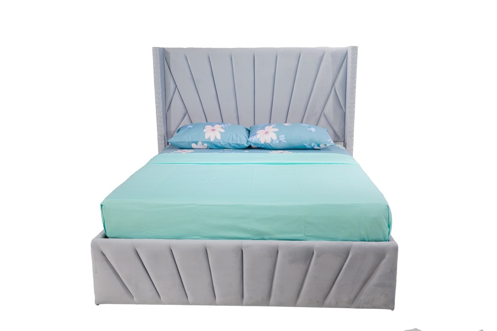 [63546] 63546 WOODEN BED GREY VELVET FABRIC HEADBOARD 152X191CM Q2070-3