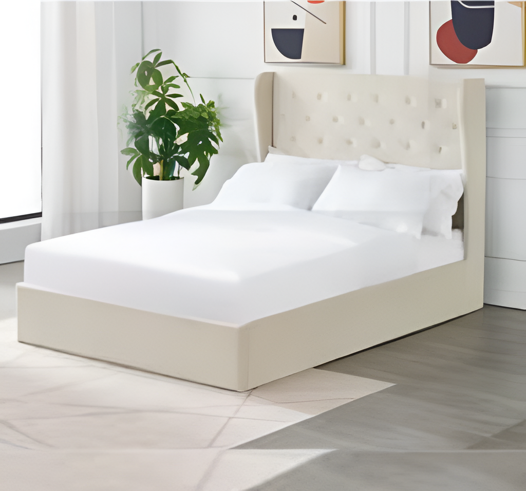 [63547] 63547 WOODEN BED BEIGE LINEN FABRIC HEADBOARD 152X191CM Q2943
