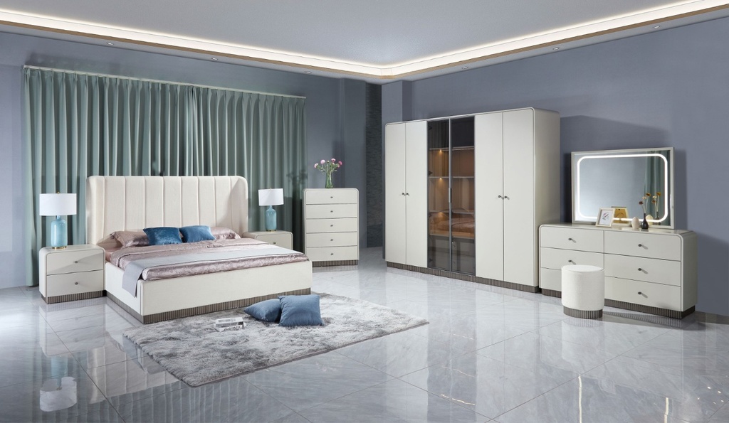 68221 BEDFROOM SET #1083: BED 5FT FABRIC, DRESSER, 6D WARDROBE & 2N_STAND BEIGE 