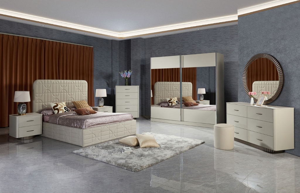 68227 BEDROOM SET #1085: BED 5FT PU, DRESSER, 2SD WARDROBE & 2N_STAND BEIGE