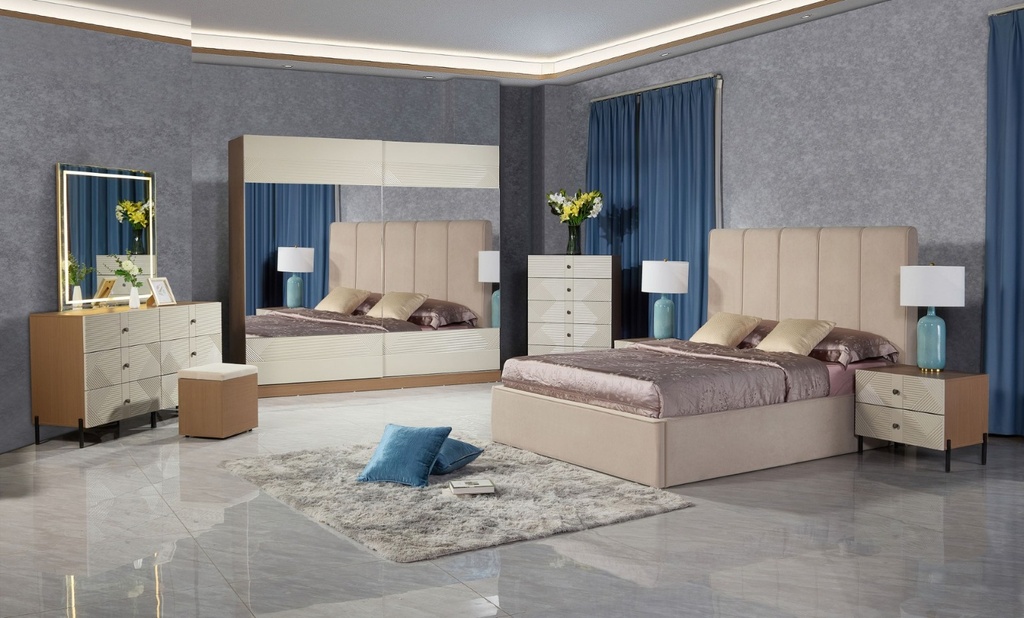 68229 BEDROOM SET #A101D: BED 5FT FABRIC, DRESSER, 2SD WARDROBE & 2N_STAND BEIGE 