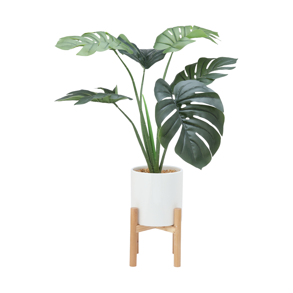 42374 OLAF PLANT IN POT W/STAND GN/WT PE+CERAMIC+WOOD+POLYESTER FABRIC 