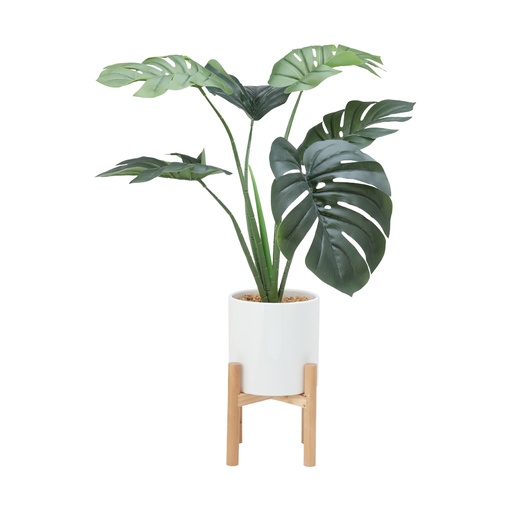 [42374] 42374 OLAF PLANT IN POT W/STAND GN/WT PE+CERAMIC+WOOD+POLYESTER FABRIC 